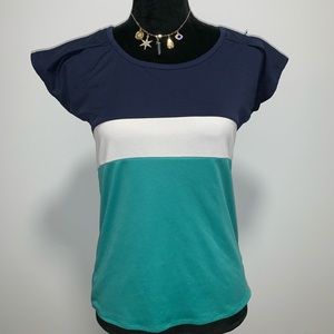 Teal navy white color block blouse Size Small